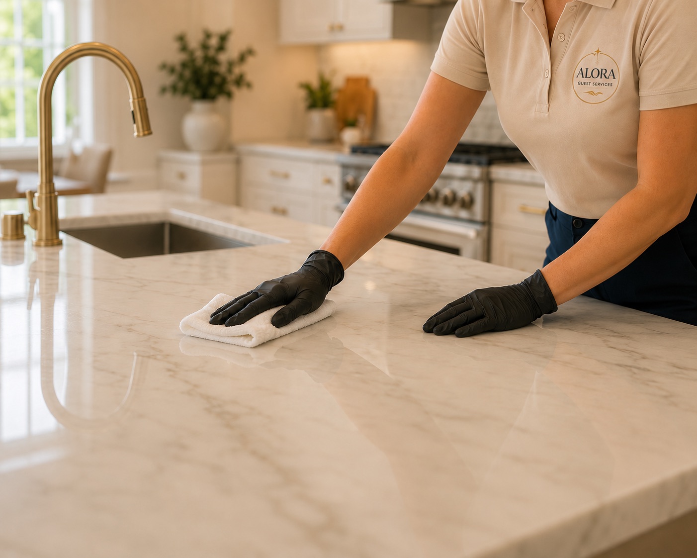 An Alora team member polishing a guest-ready kitchen countertop.