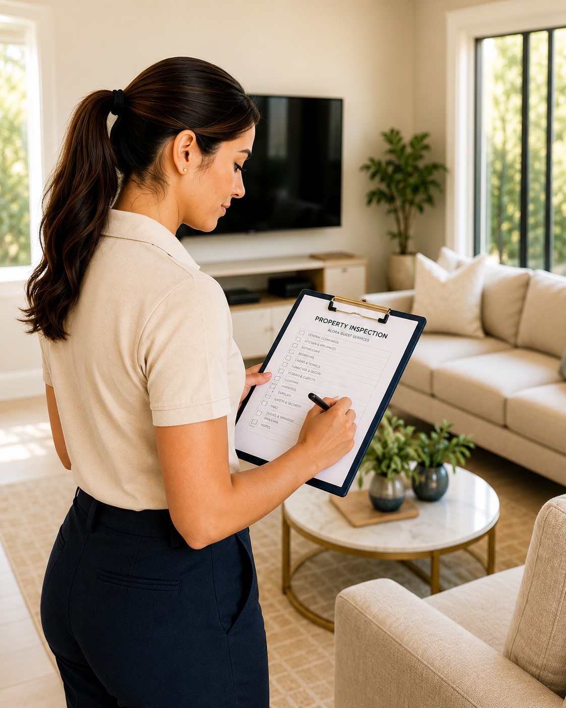 An Alora team member completing a property inspection checklist in a prepared living room.